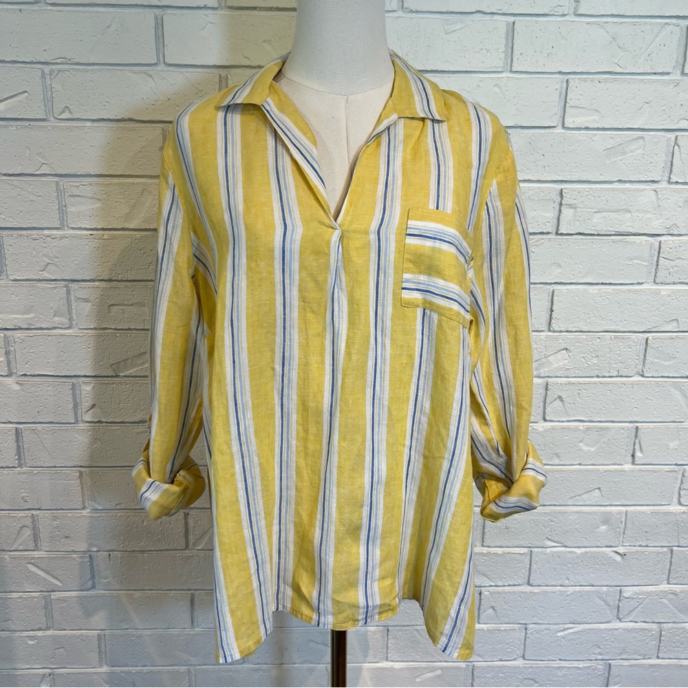 J. Jill Yellow Striped 100% Linen Popover Shirt Womens Large Petite